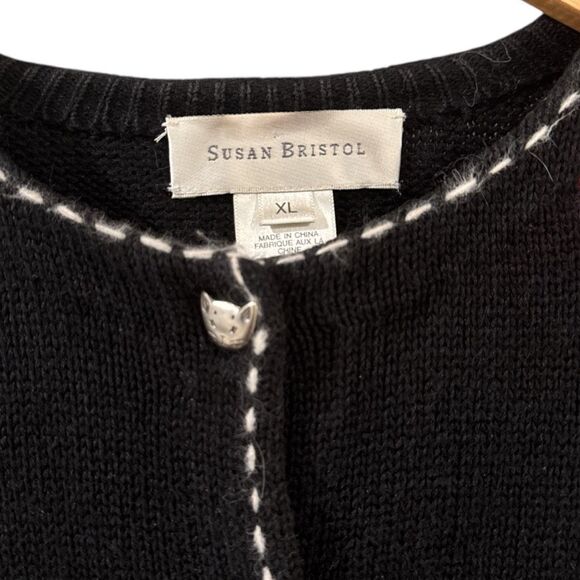 Vintage Susan Bristol Knit Cat Pattern Button Front Cardigan Black Multi XL - Picture 2 of 11